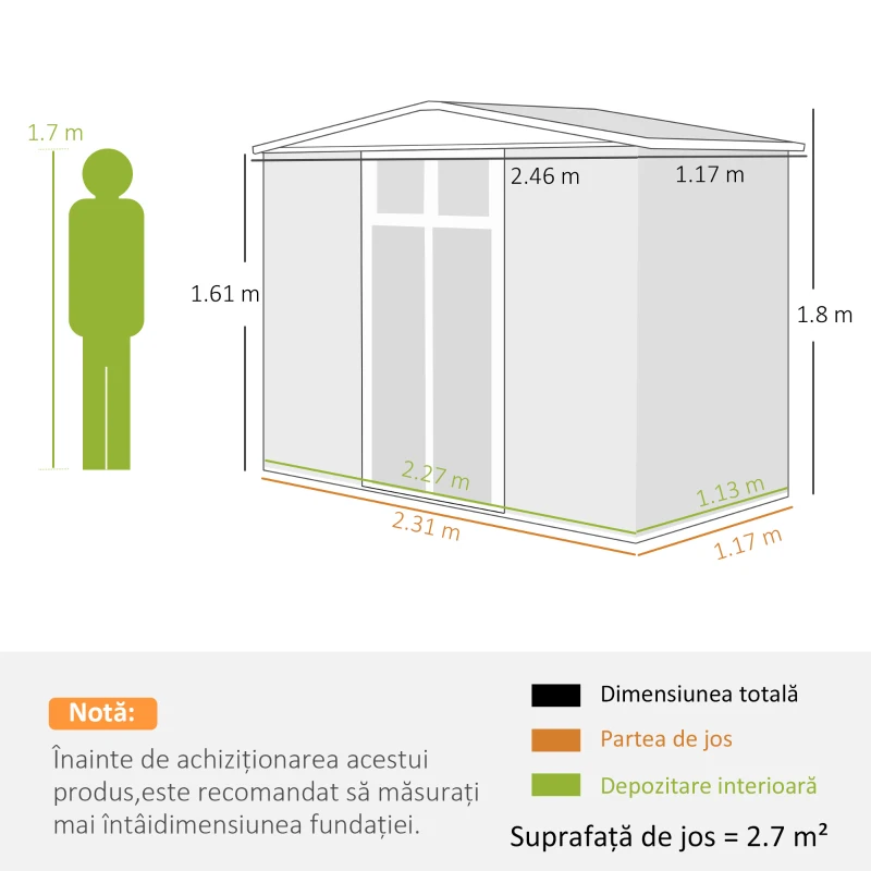 Outsunny Șopron de Grădină cu 4 Guri de Ventilație, 2 Ferestre și Acoperiș Înclinat, 246x117x161/180 cm, Gri Închis