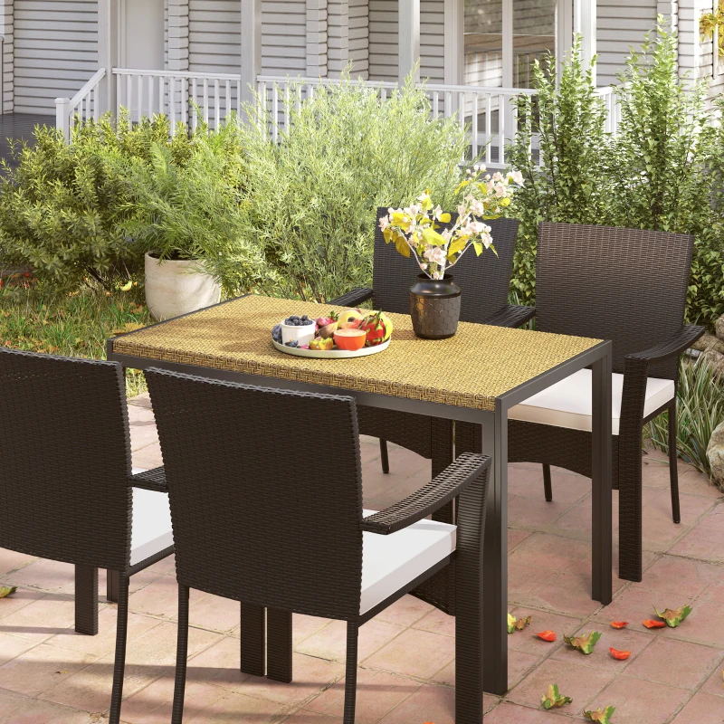 Outsunny Table de jardin rectangulaire 4 personnes en acier et plateau résine tressée PE effet rotin, dim. 120L x 70l x 72H cm