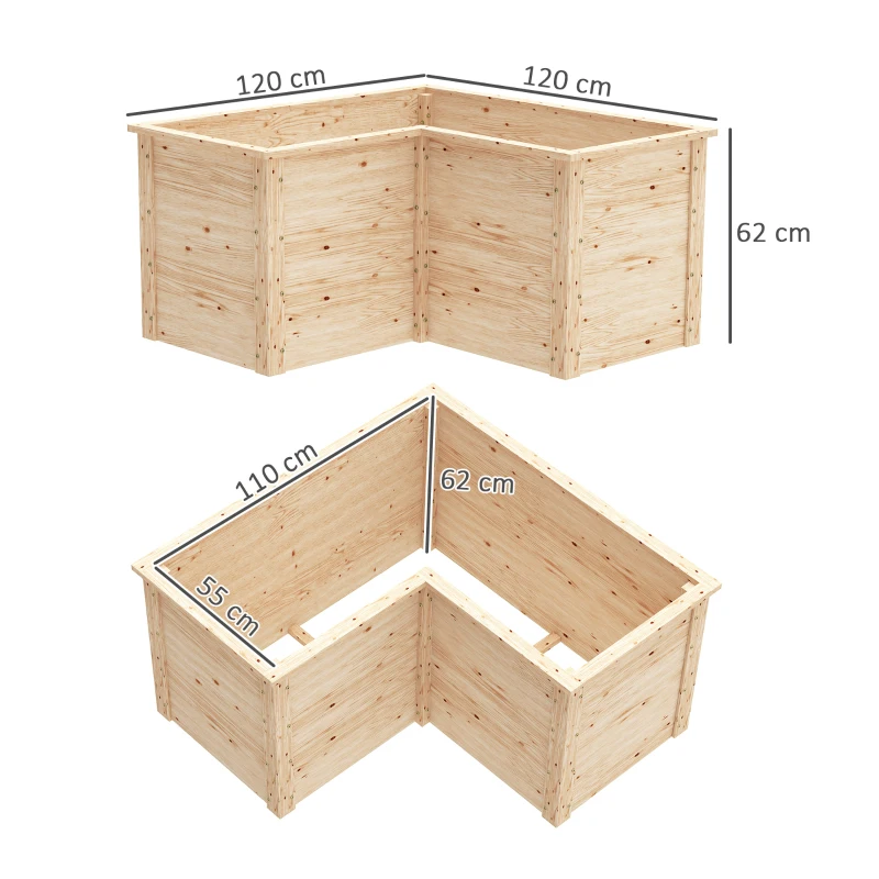 Outsunny Jardinière en forme de L, lit surélevé de jardin, bac à fleurs à fond ouvert, en bois 120 x 120 x 62 cm, bois naturel