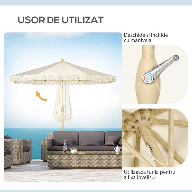 Outsunny Umbrelă de Grădină Înclinabilă pe 3 Niveluri cu Franjuri, Manivelă și Tijă cu 2 Secțiuni, Ø265x244 cm, Crem