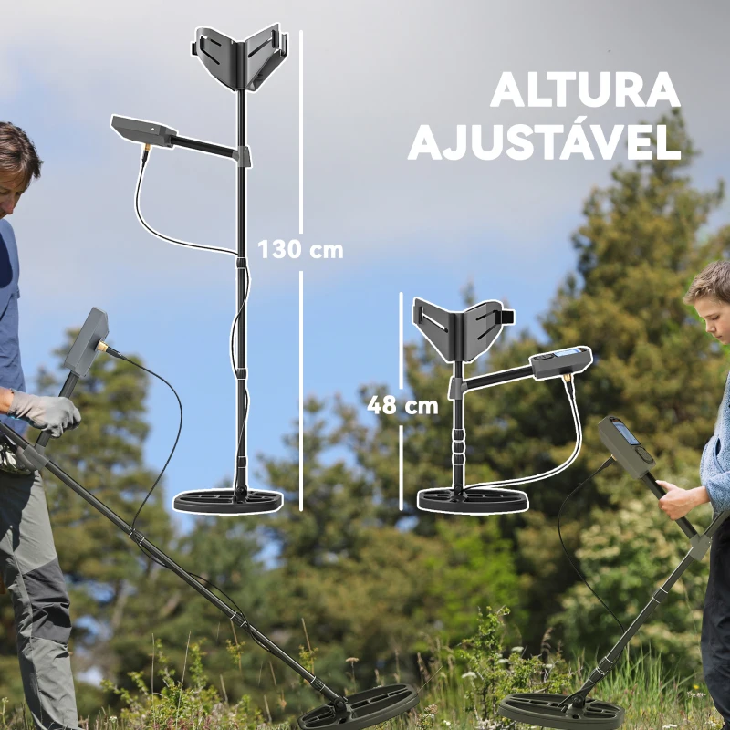 Outsunny Detector de Metais com Bateria IP68 com 5 Modos e Memória Ecrã LCD Retroiluminado Chip DSP 28x21x48-130 cm Cinza Escuro