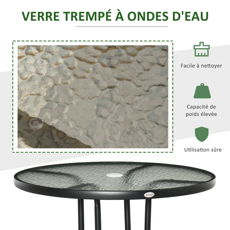 Outsunny Table à manger de jardin, avec trou de parasol, table extérieure ronde avec plateau en verre trempé, Ø 80 x 72 cm, noir
