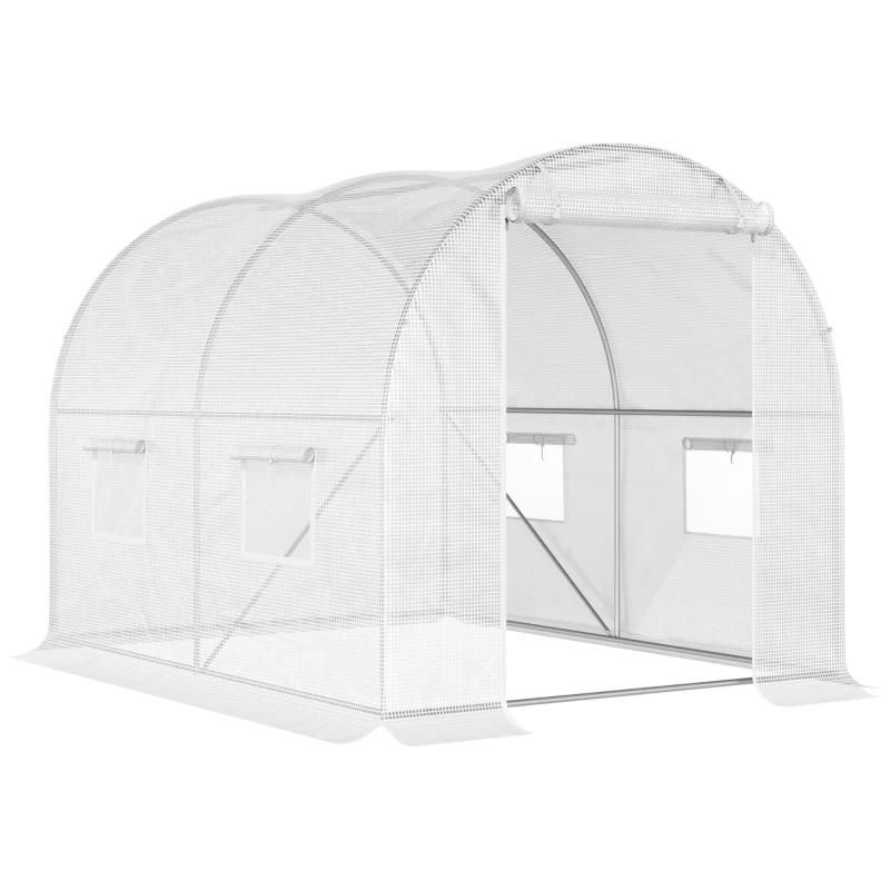 Outsunny Seră Tunel cu 4 Ferestre şi Usă Rulantă cu Fermoar, Seră pentru Plante din Oţel Zincat şi Polietilenă, 3x2x1.9 m, Alb(m-11)