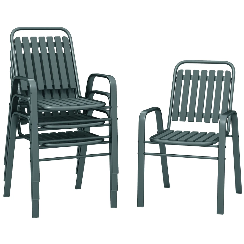 Outsunny Lot de 4 chaises de jardin chaises empilables d'extérieur avec haut dossier et accoudoirs cadre en acier 56x66x91cm gris