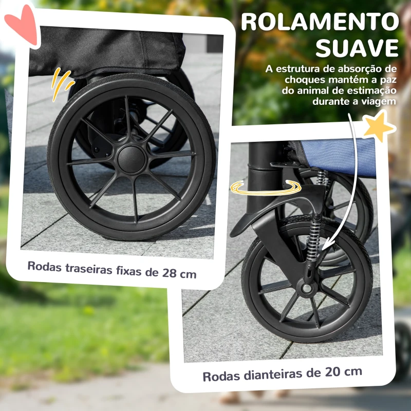 PawHut Carrinho para Cães Dobrável com Rodas Grandes Correias de Segurança Estrutura Amortecedora Almofada Lavável 124x67x100 cm Azul