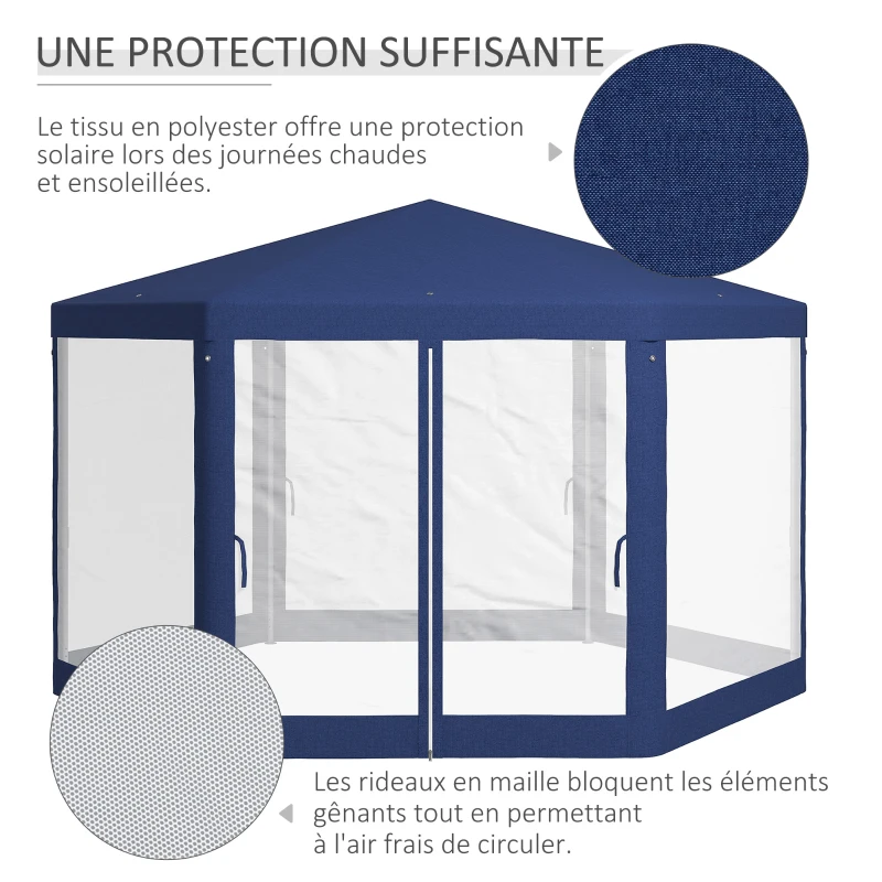 Outsunny Tonnelle de jardin 3 x 3,4 m hexagonal tente de réception avec parois latérales en maille, 2 portes pour camping bleu