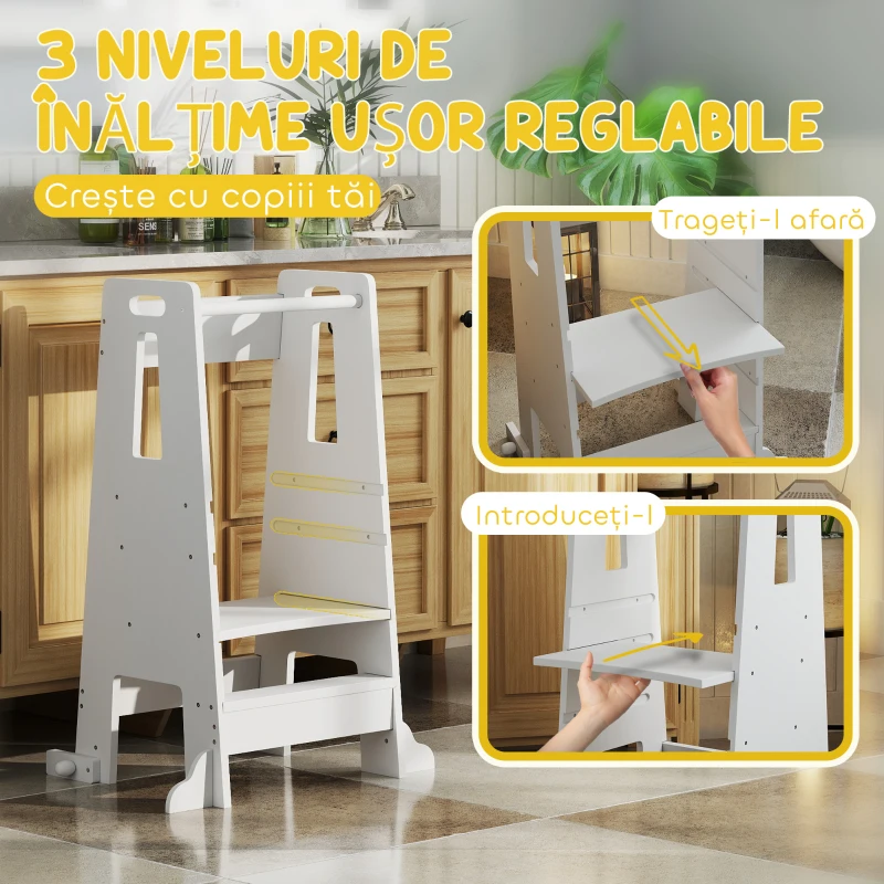 AIYAPLAY Turn de Învățare pentru Copii Reglabil pe 3 Niveluri cu Bară de Siguranță, 45x47.5x91 cm, Alb