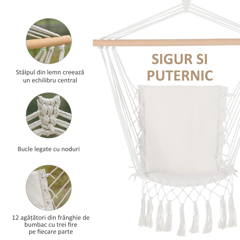 Outsunny Balansoar Suspendat din Țesătură cu Ciucuri și Bară din Lemn de Plop, 90x50 cm, Crem(m-6)