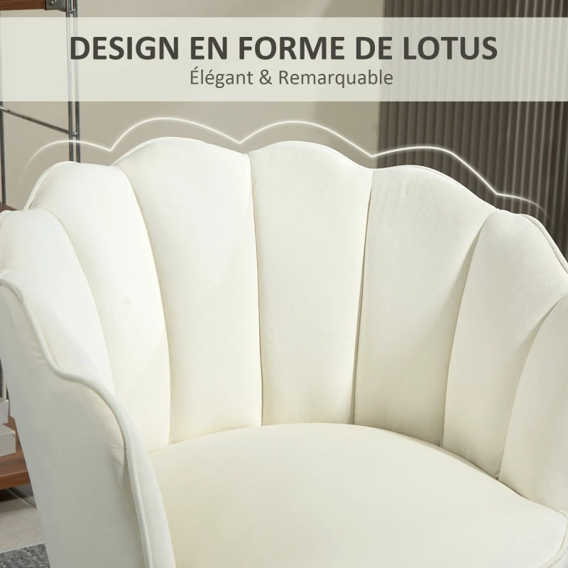 HOMCOM Fauteuil Coquillage Fauteuil de Salon Chambre avec Dossier et Coussin Aspect Velours Pieds en Bois hévéa, Crème
