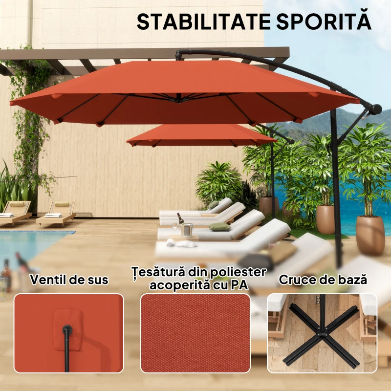 Outsunny Umbrelă de Soare Suspendată cu Bază în Cruce, Articulație Tip Banană și Manivelă, 304x260x245 cm, Maro