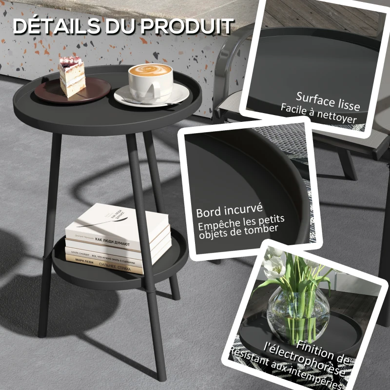 Outsunny Petite table d'appoint ronde à 2 niveaux table de jardin pour terrasse salon balcon en métal Ø 32 x 51 cm noir
