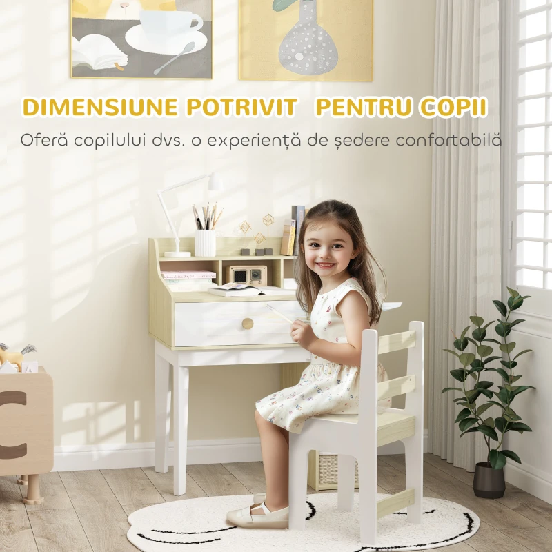 AIYAPLAY Set Birou pentru Copii cu Raft de Depozitare, Sertar și Scaun din Lemn, 80,4x50x96 cm, Alb(m-6)