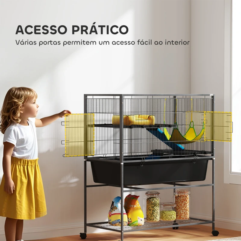 PawHut Gaiola para Animais Pequenos de 3 Níveis com Rodas Rampas e Bandeja Amovível Recinto para Roedores 88x48x102 cm Cinza Escuro