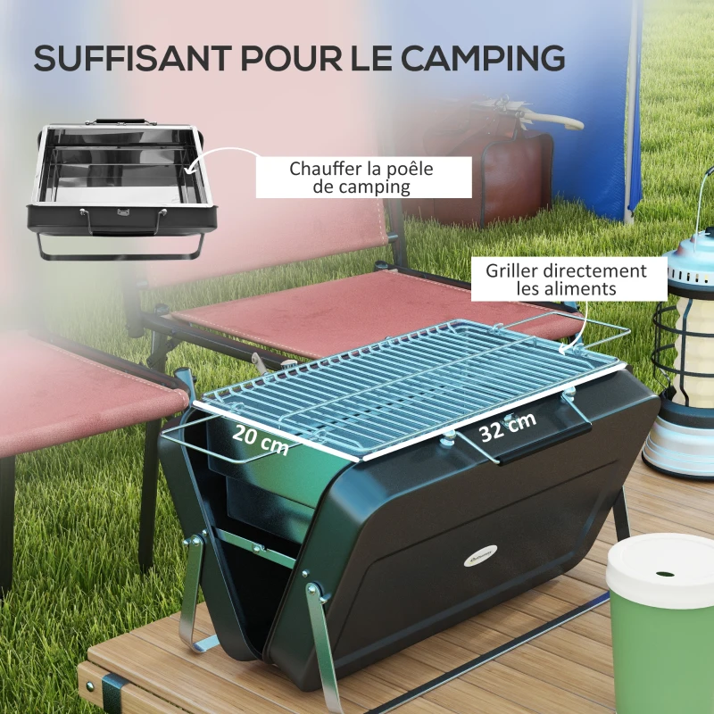 Outsunny Mini barbecue à charbon BBQ portable avec coque de valise barbecue de table pliable pour jardin, camping, pique-nique noir