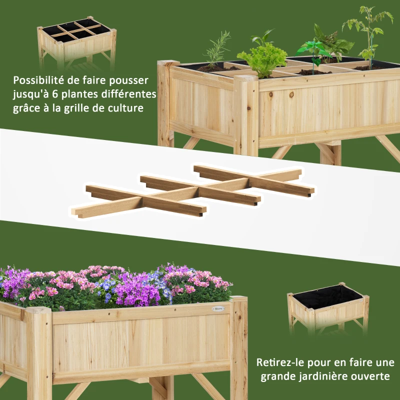 Outsunny Jardinière sur Pieds - carré Potager avec étagère - dim. 78L x 58l x 81H cm - 6 Compartiments - Feutre Drainage Inclus - Bois Sapin pré-huilé