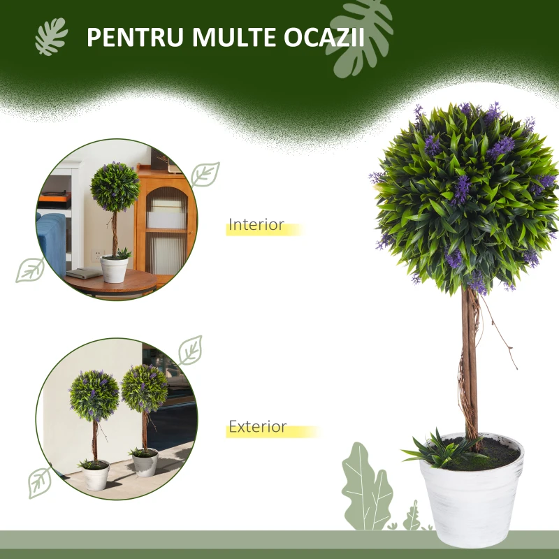 HOMCOM Set 2 Plante Artificiale Sferice cu Flori de Lavandă şi Vas, Ø24x60 cm, Verde