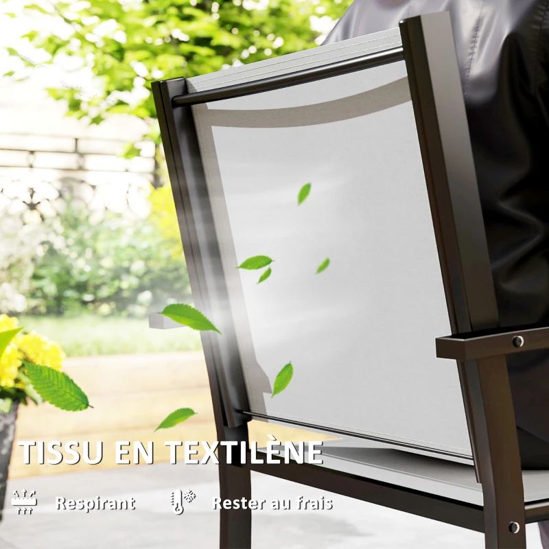 Outsunny Lot de 2 chaises de jardin chaises empilables d'extérieur avec accoudoirs, cadre en acier 60 x 65 x 85 cm gris clair