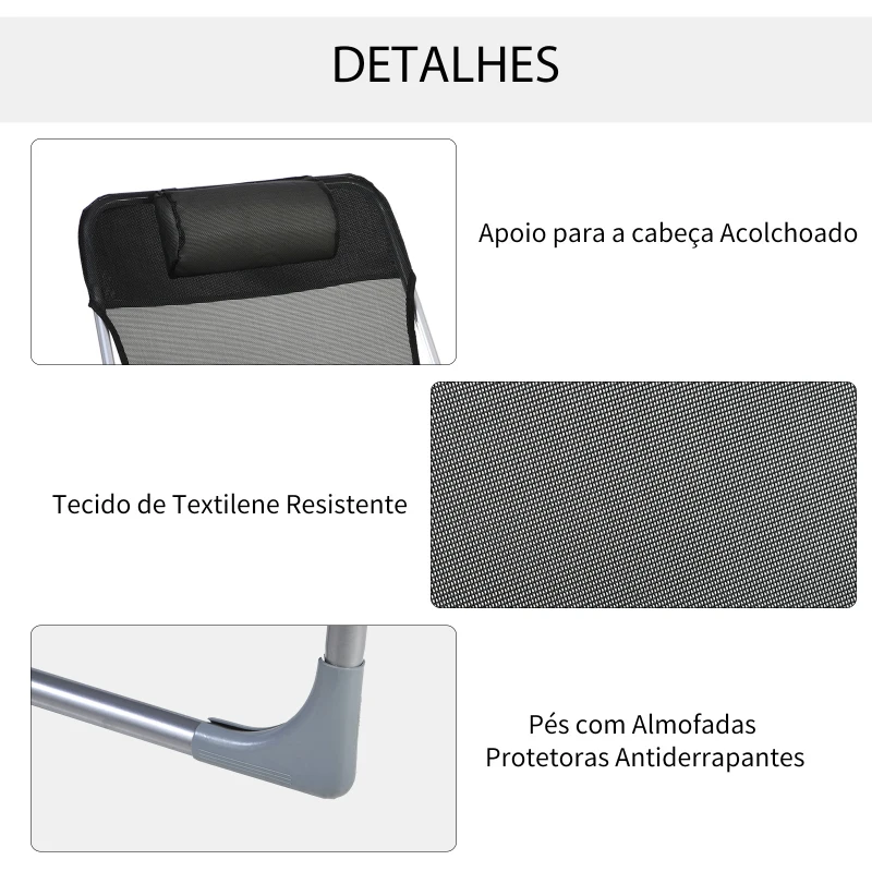 Outsunny Espreguiçadeira dobrável e reclinável de jardim com apoio de cabeça e encosto ajustável em 5 níveis Tecido textilene respirável 182x56x24,5 cm preto