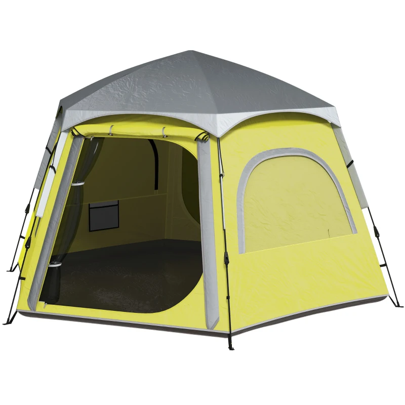 Outsunny Instant Pop Up Camping Tent, 2/3/4 Person Easy Setup Dome Family Tent with Vestibule, Rainfly, 4 Mesh Windows & 2 Doors, Hexagonal Design, Waterproof & UV Protected, Yellow Green