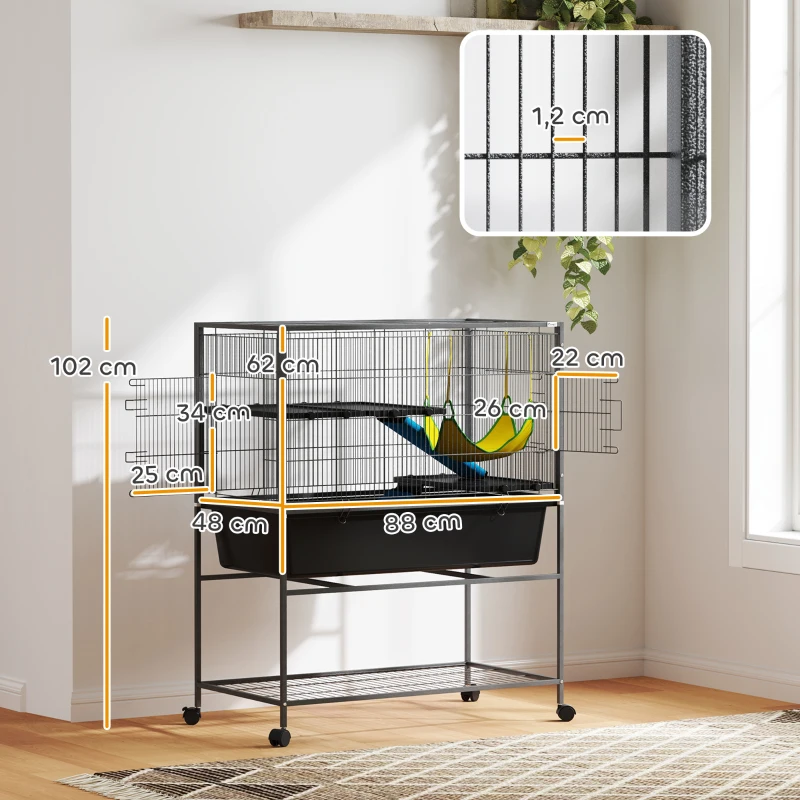 PawHut Gaiola para Animais Pequenos de 3 Níveis com Rodas Rampas e Bandeja Amovível Recinto para Roedores 88x48x102 cm Cinza Escuro