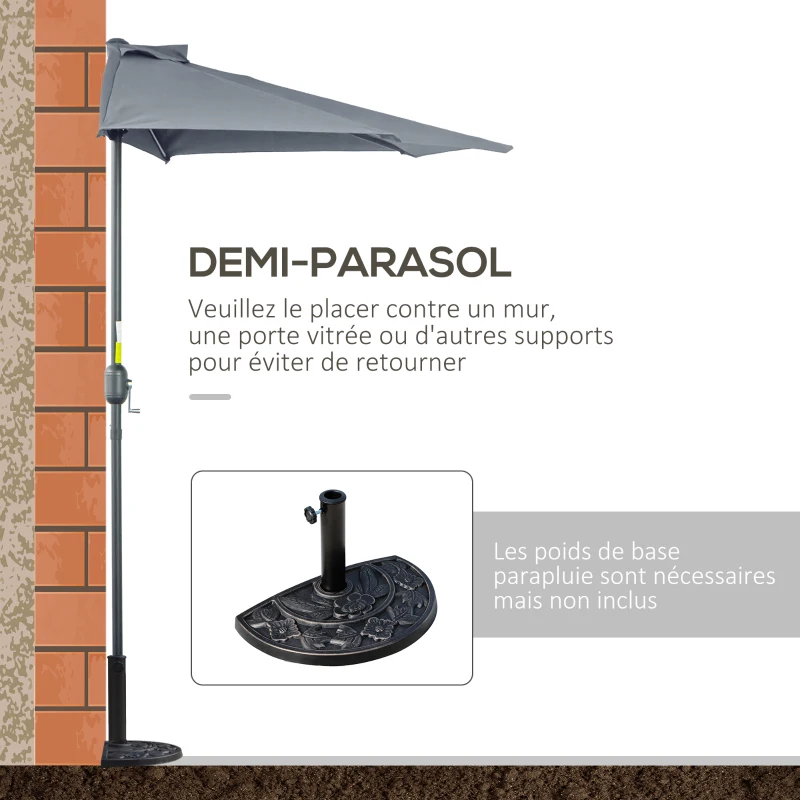 Outsunny Demi-Parasol 2,7 x 1,4 m parasol de balcon avec ouverture fermeture manivelle 5 entretoises, gris