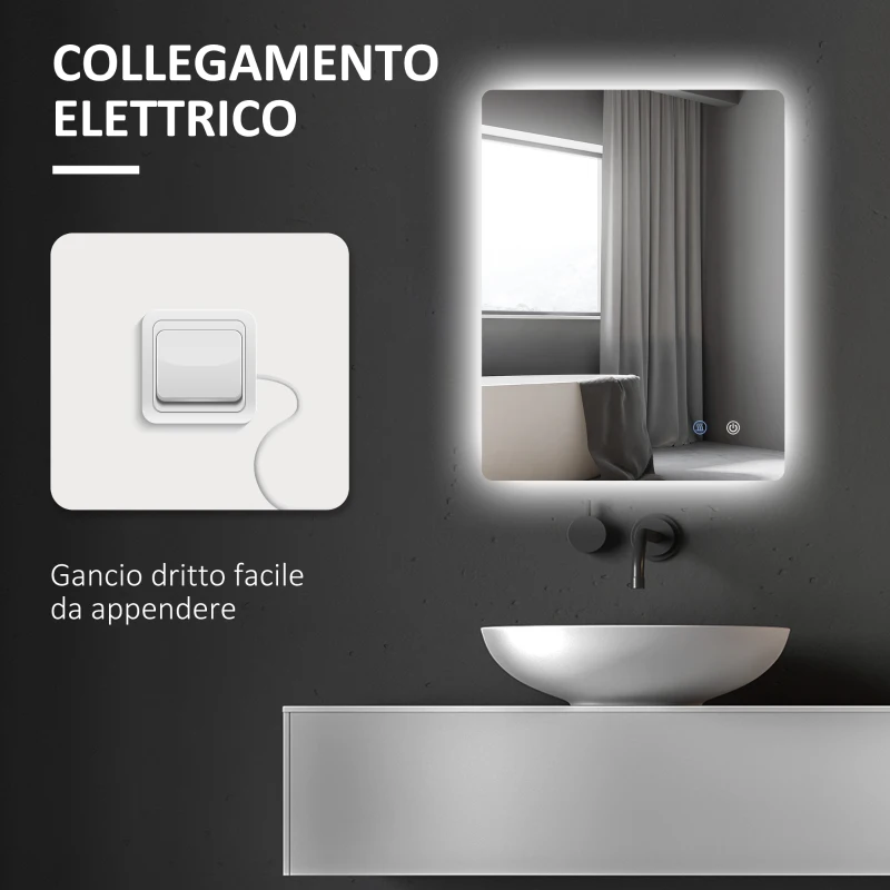 kleankin Specchio Bagno con Luci LED Regolabili, Interruttori Touch e Funzione Antiappannamento, 70x50 cm