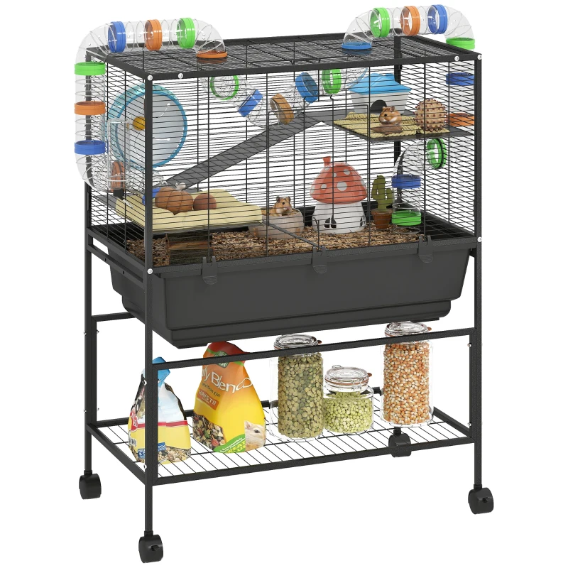 PawHut 3 Tier Large Hamster Cage on Wheels with 17 cm Deep Tray, Storage Shelf for Syrian, Gerbil, Rats