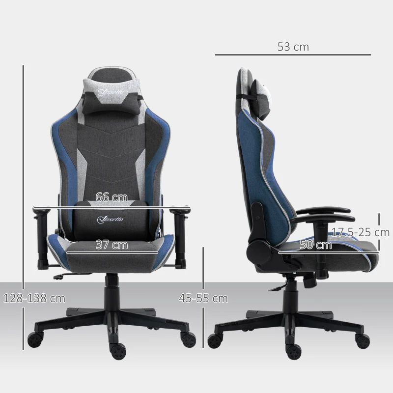 Vinsetto Scaun de Gaming Ergonomic cu Cotiere, Tetieră și Înălțime Reglabile, 66x53x128-138 cm, Albastru