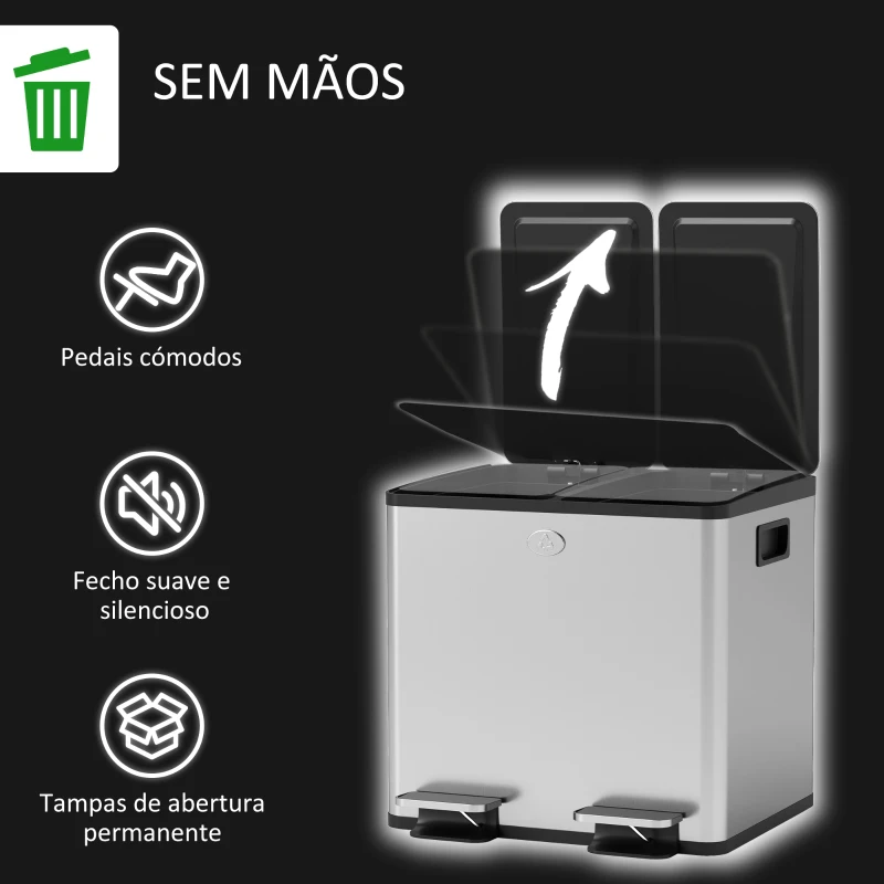 HOMCOM Balde de Lixo de Cozinha com 2 Compartimentos 2x15L Fechamento Suave e Rolo de 30 Bolsas de Lixo 41,7x36,6x43,2 cm Prata