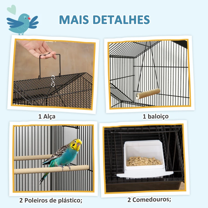 PawHut Gaiola de Metal para Pássaros com Bandeja Amovível Rodas 4 Comedouros 3 Poleiros e 1 Baloiço 50,5x41x163 cm Preto