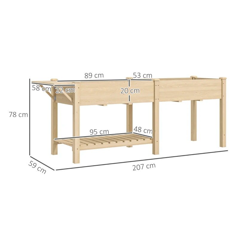 Outsunny Strat Înălțat de Grădină cu Masă Laterală, Raft Inferior și  Orificii de Drenaj, 207x59x78 cm, Lemn Natural