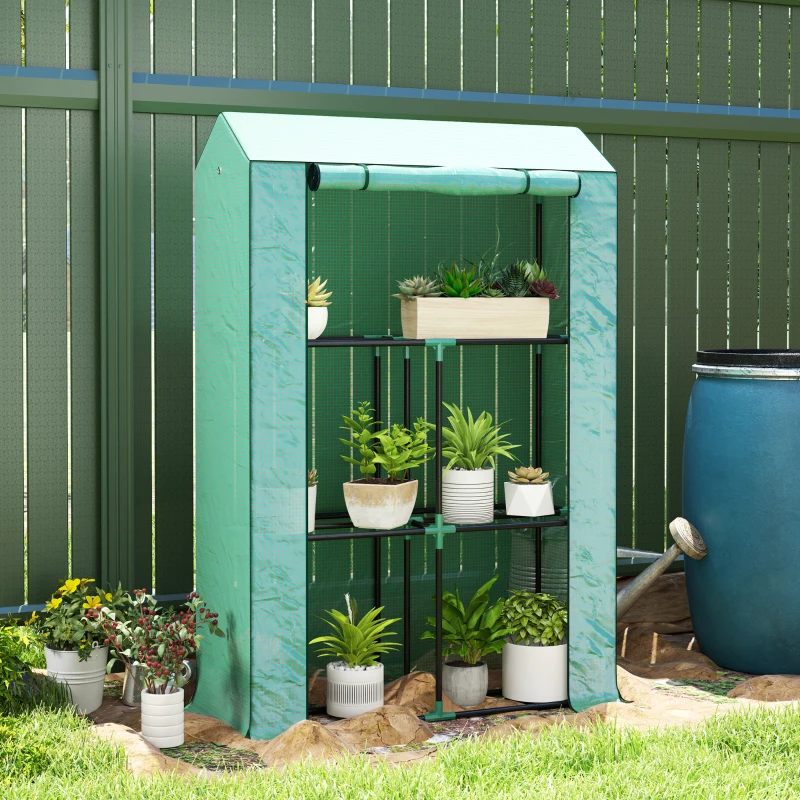 Outsunny Sera Mini cu 3 Niveluri, Copertină din PE cu Armătură și Ușă Rulabilă, 100x40x150 cm, Verde