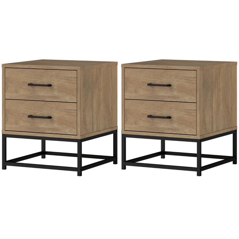 HOMCOM Set de 2 Noptiere cu 2 Sertare din Lemn și Oțel, 40x39.5x48 cm, Lemn Natural