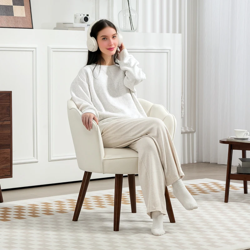 HOMCOM Fauteuil Coquillage Fauteuil de Salon Chambre avec Dossier et Coussin Aspect Velours Pieds en Bois hévéa, Crème