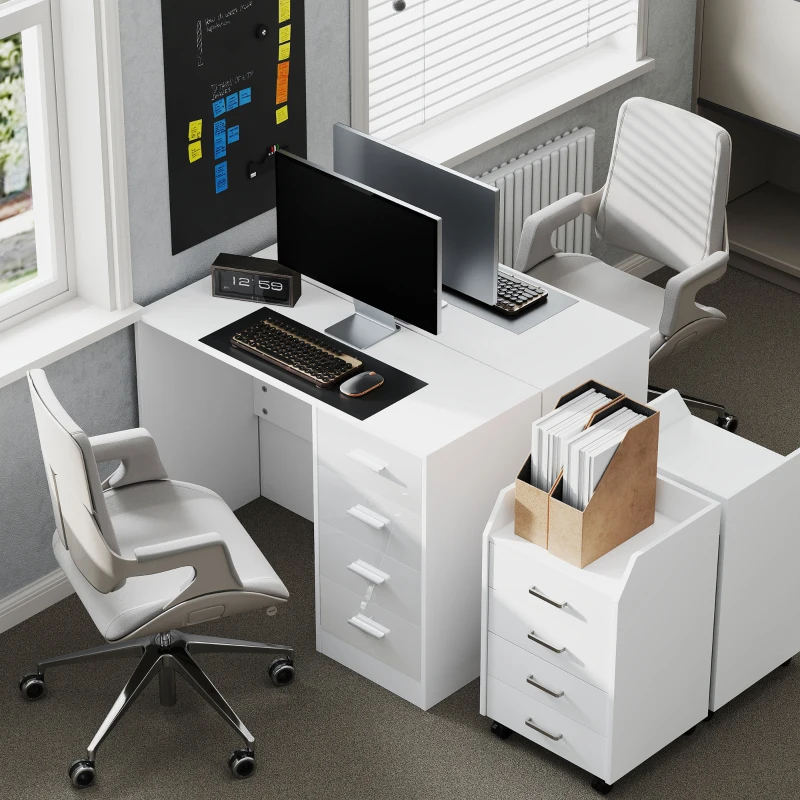 HOMCOM Computer Desk with Drawers, Dressing Table, High Gloss Home Office Writing Workstation, White