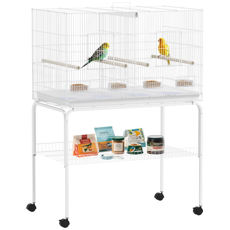 PawHut Gaiola para Pássaros com Divisória Rodas Gaiola para Aves com Comedouros Poleiros e Bandeja Removível 94x57x128 cm Branco