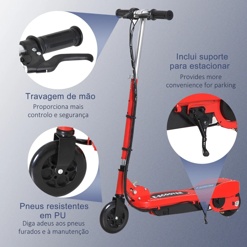 HOMCOM Trotinete Elétrica para Crianças + 7 Anos trotinete Dobrável com Altura Ajustável Bateria Recarregável 24V Velocidade até 12 km/h e Carga 50 kg 74x36x73-91 cm Vermelho
