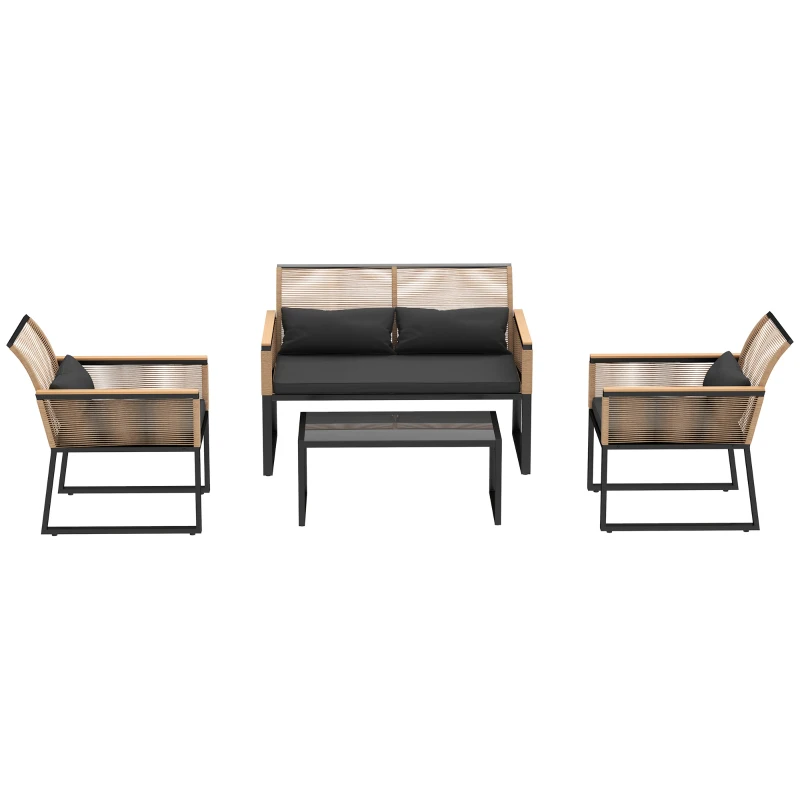 Outsunny Set Mobilier de Grădină din 4 Piese cu Canapea, 2 Fotolii și Măsuță de Cafea, 116x71x78 cm, Negru(m-10)