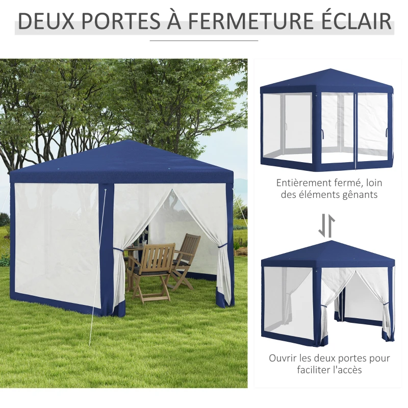 Outsunny Tonnelle de jardin 3 x 3,4 m hexagonal tente de réception avec parois latérales en maille, 2 portes pour camping bleu