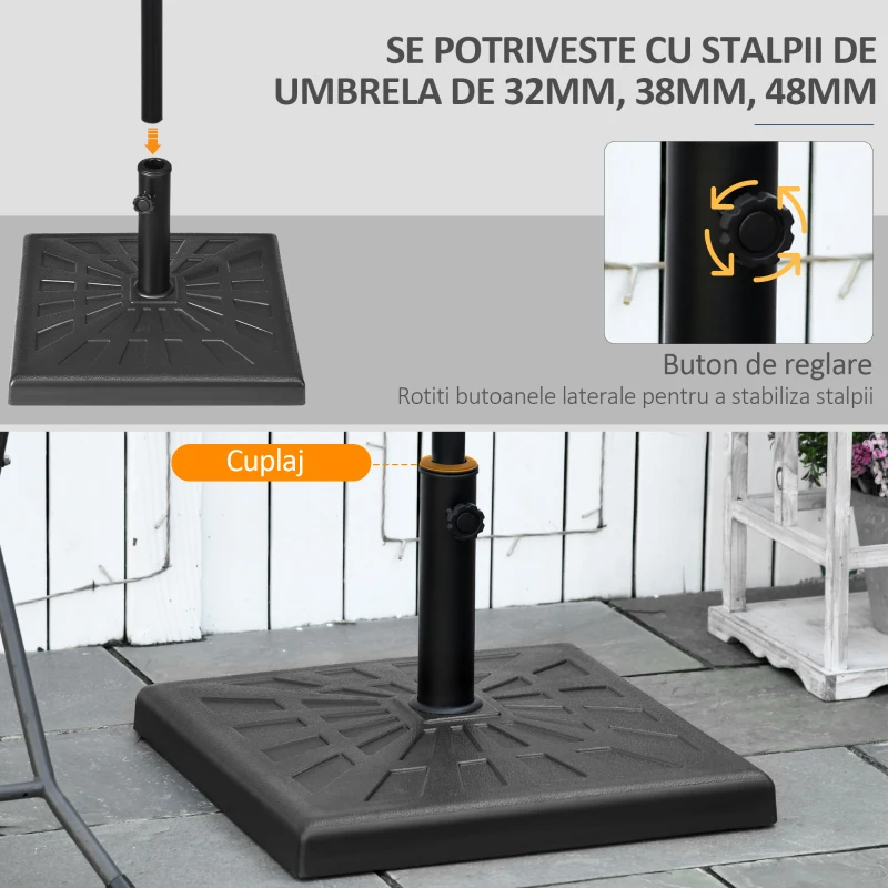 Outsunny Suport de baza din rasina 19kg pentru umbrela de gradina, Greutati patrate pentru suportul pentru umbrele de exterior de pe piata pentru stalpi de Φ32mm, Φ38mm si Φ48mm, negru