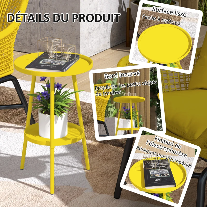 Outsunny Petite table d'appoint ronde à 2 niveaux table de jardin pour terrasse salon balcon en métal Ø 32 x 51 cm jaune