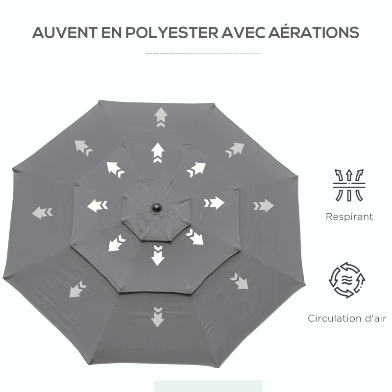 Outsunny Parasol de jardin extérieur parasol inclinable Ø 2,85 x 2,5 m avec manivelle, 2 évents, toile 180 g/m², Anti-UV, gris
