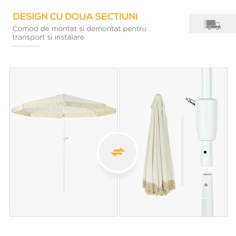 Outsunny Umbrelă de Grădină Înclinabilă cu Franjuri, Manivelă şi Tijă în 2 Secţiuni, Ø2.65x2.45 m, Alb