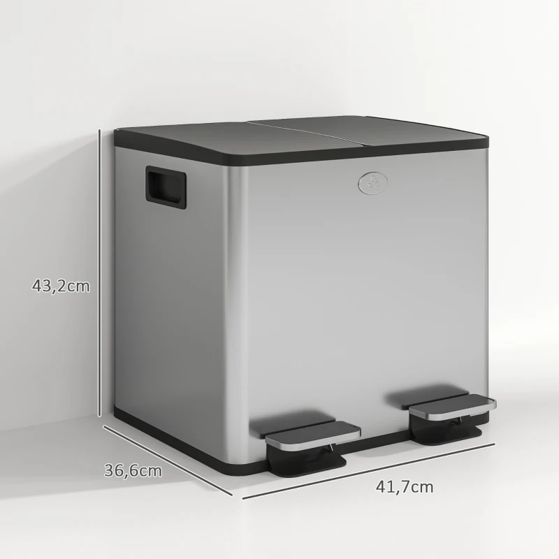 HOMCOM Balde de Lixo de Cozinha com 2 Compartimentos 2x15L Fechamento Suave e Rolo de 30 Bolsas de Lixo 41,7x36,6x43,2 cm Prata