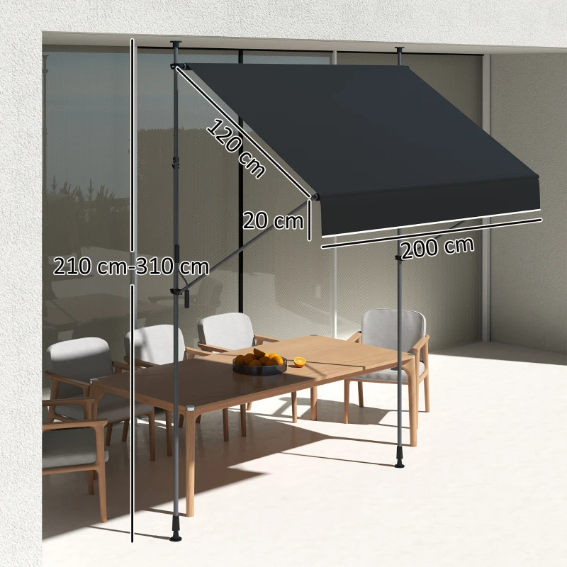 Outsunny Toldo Manual Retrátil 200x120 cm Toldo Exterior Enrolável Altura Ajustável com Manivela 210-310 cm Proteção UV30+  Preto