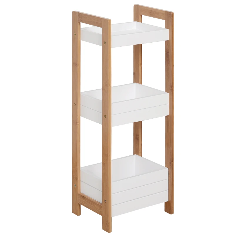 HOMCOM Móvel Auxiliar de banheiro com 3 Prateleiras Organizadoras de Bambu 27,5x20,8x74 cm Cor Branco e Natural
