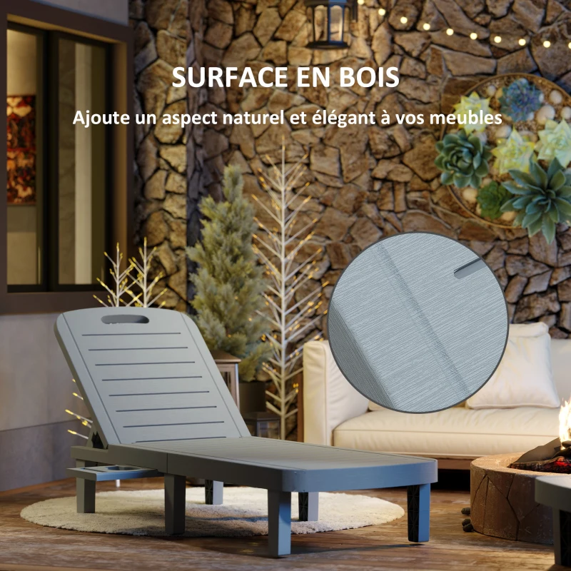 Outsunny Lot de 2 bain de soleil, chaise longue avec plateaux rétractables, inclinable, surface effet bois 62 x 158 x 88 cm, gris