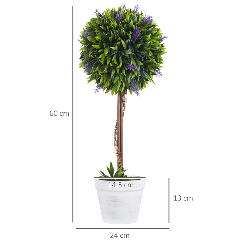 HOMCOM Set 2 Plante Artificiale Sferice cu Flori de Lavandă şi Vas, Ø24x60 cm, Verde