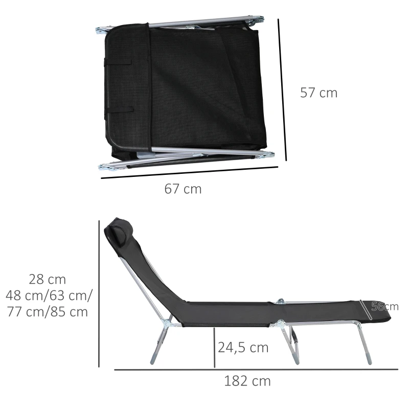 Outsunny Espreguiçadeira dobrável e reclinável de jardim com apoio de cabeça e encosto ajustável em 5 níveis Tecido textilene respirável 182x56x24,5 cm preto