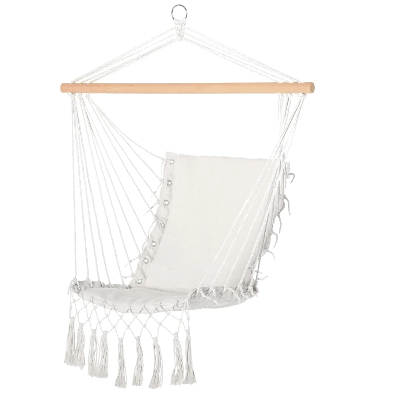 Outsunny Balansoar Suspendat din Țesătură cu Ciucuri și Bară din Lemn de Plop, 90x50 cm, Crem(m-10)